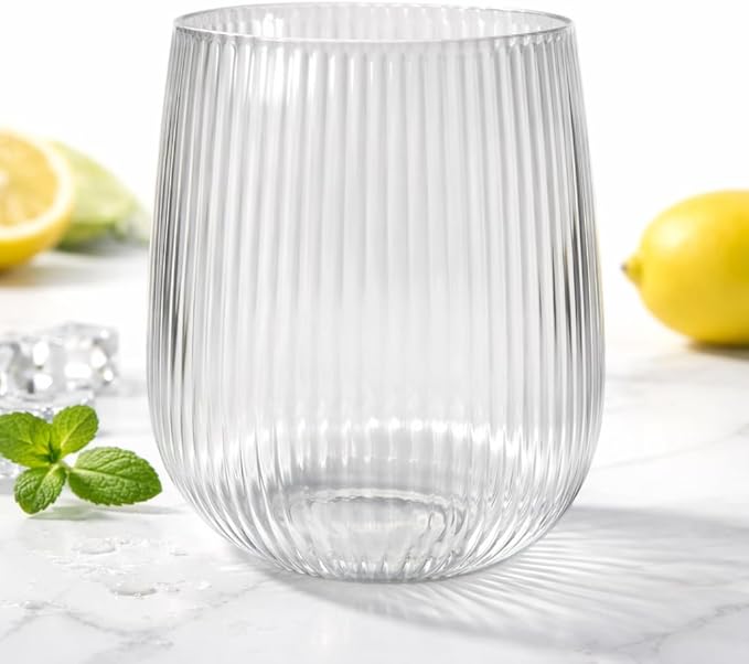 Oojami 30 piece 16 oz Stemless Unbreakable Crystal Clear Plastic Wine Glasses Set of 30-16 OunceClear Ribbed