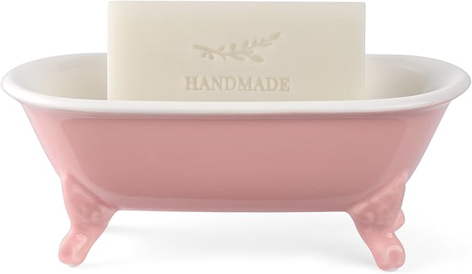 NEWHENGS 6.5" Ceramic Mini Decorative Clawfoot Bathtub Bar Soap Dish, Kitchen Sponge Holder and Shower Tray for Bathroom, 1 Pack(Rose)