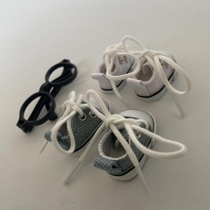 Mini Canvas Sneakers for Dolls, 2 Pairs Set in White and Denim Blue, Lace-up Style for labubu 2025,Include A Pair of Glasses(no Lenses) (White & Denim Blue)