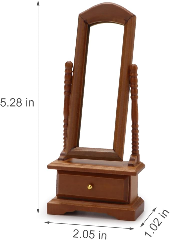 Miniature Furniture Fitting Mirror 1:12 Scale Dollhouse Bedroom Dressing Mirror with Drawer Model Accessory Mini Scene Ornament Desktop Decoration (Brown)