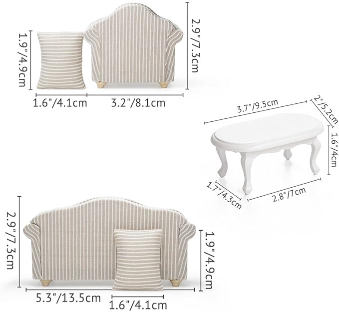 Odoria 1/12 Miniature White Coffee Table and Upholstered Chair Sofa Set Mini Armchair Striped Khaki Couch Miniatures Dollhouse Furniture Accessories Doll House Accessory