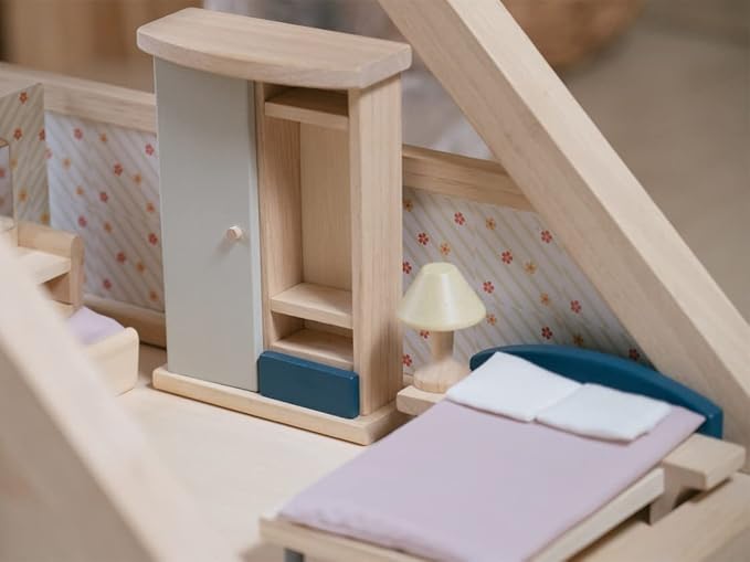 PlanToys® Wooden Bedroom Dollhouse Furniture Set in Orchard Shade for Kids | Montessori Small World and Home Routine Play | Eco Friendly Wooden Dollhouse Bedroom Set for Imaginative Play