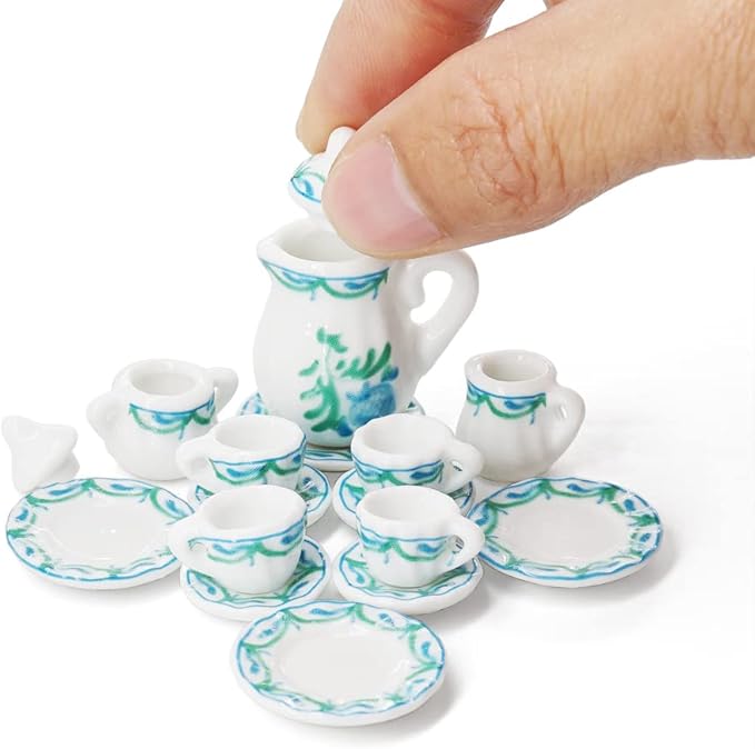 Odoria 1/12 Miniature Porcelain Tea Set 15Pcs Dollhouse Decoration Accessories, Green