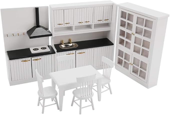 Dollhouse Miniature Kitchen Furniture, Modern Wooden White Set to Store Miniature Food, Exquisite Toy House Furniture, Suitable for 1/12 Scale Dollhouse, Made of