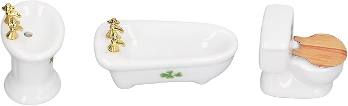 shenruifa 3Pcs Dollhouse Miniature Bathroom Set, 1:24 Ceramic Simulation Bathtub Toilet Sink Dollhouse Bathroom Furniture (4 Leaf)