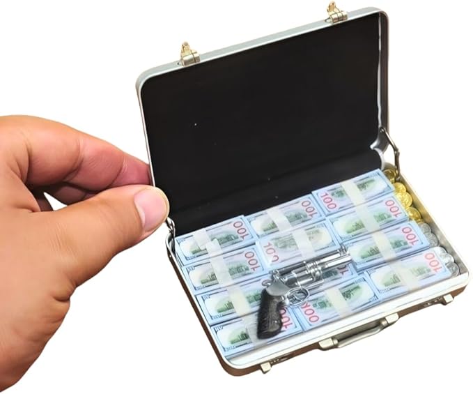 1:6 Scale Miniature Briefcase Set - Includes Fake Gold Bars, Bundles of $100 Mini Dollar Bills, Vintage Coins and Mini Weapons - Unique Adult NoveltyToy & Dollhouse Accessories (Silvery)