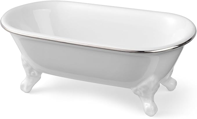 NEWHENGS 6.5" Ceramic Mini Decorative Clawfoot Bathtub Bar Soap Dish, Kitchen Sponge Holder and Shower Tray for Bathroom, 1 Pack (White Silver Rim)