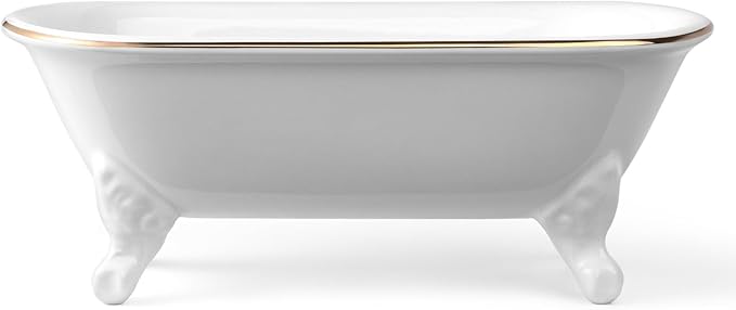 NEWHENGS 6.5" Ceramic Mini Decorative Clawfoot Bathtub Bar Soap Dish, Kitchen Sponge Holder and Shower Tray for Bathroom, 1 Pack (White Gold Rim)