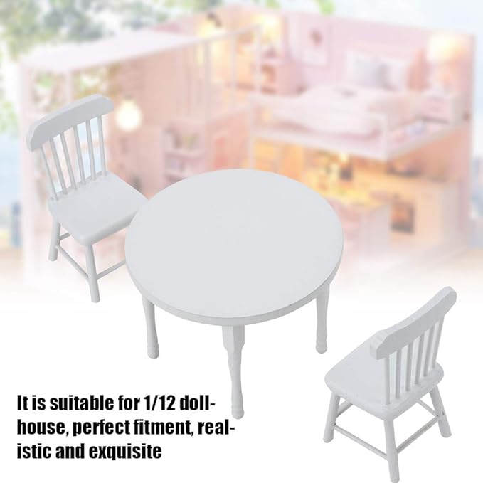 1/12 Scale Dollhouse Furniture Set, Wooden Table and 2 Chairs Miniature White Living Room Decor for Doll House Accessories (Three-Piece Table and Chair Set)