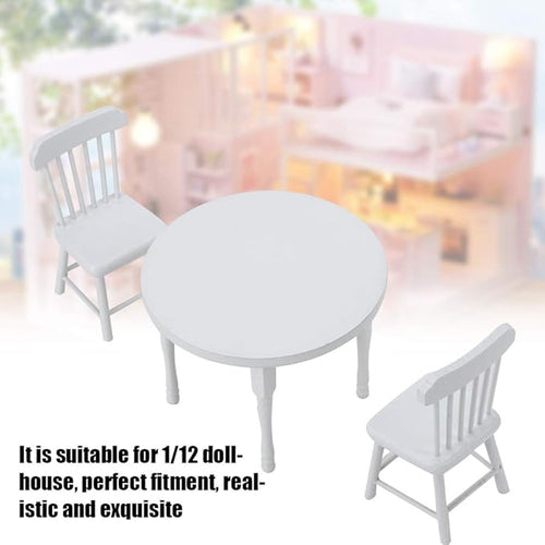 1/12 Scale Dollhouse Furniture Set, Wooden Table and 2 Chairs Miniature White Living Room Decor for Doll House Accessories (Three-Piece Table and Chair Set)