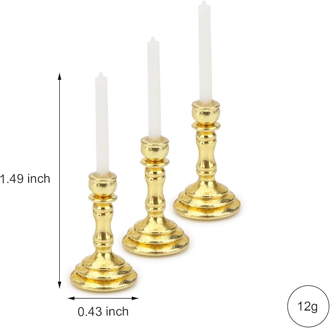 Dollhouse Miniature Candlesticks 3 PCS Candle Holder Set 1/12 Scale Vintage Candles Doll House Desk Ornament Accessories with Metal Round Base for for Fairy Garden (Golden)