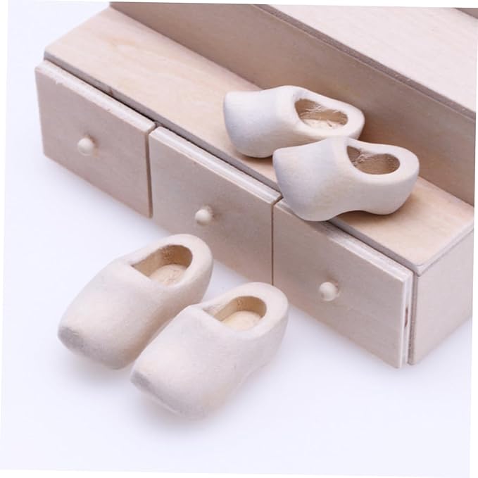 NAMOARLY 4 Pairs Miniature Wooden Doll Shoes DIY Craft Supply Unfinished Mini Clogs for Doll House Decor Accessories Sturdy Blank Wood Mini Shoes for Dollhouse Display and Crafting