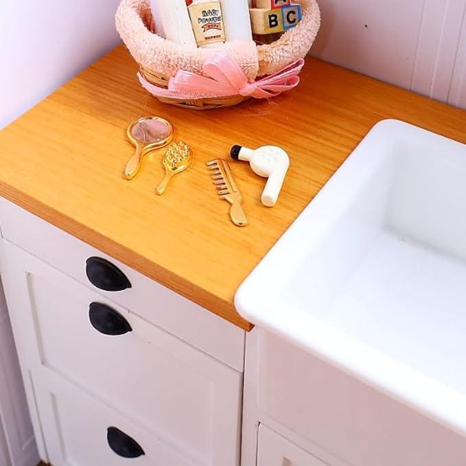 4Pcs Miniature Comb Hair Dryer Mirror Makeup Set, 1:12 Scale Dollhouse Decorations, Hair Dryer Dollhouse Miniature Bathroom Accessory