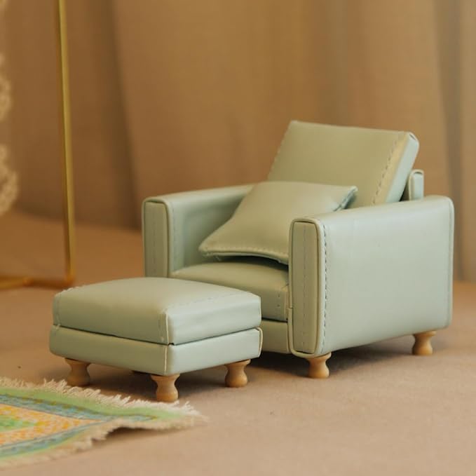 Miniature Dollhouse Sofa 1:12 PU Leather with Cushions&Ottoman – Fit 1/12 Scale Furniture and Accessories for Doll House Décor and 3 to 6 inches Doll Figure (Light Blue)