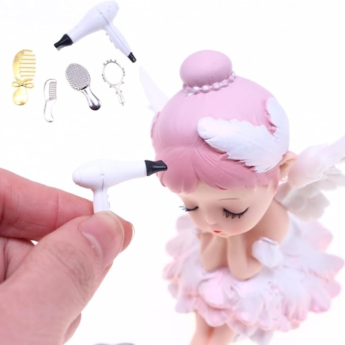 4Pcs Miniature Comb Hair Dryer Mirror Makeup Set, 1:12 Scale Dollhouse Decorations, Hair Dryer Dollhouse Miniature Bathroom Accessory