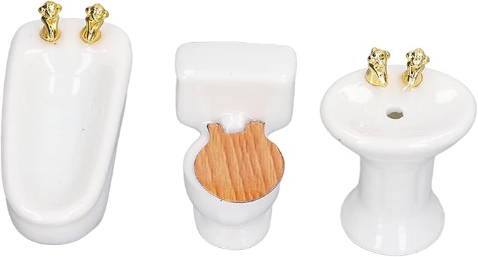 Dollhouse Miniature Bathroom Set Ceramic 3Pcs Simulation Bathtub Toilet Sink 1/24 Dollhouse Furniture (White)