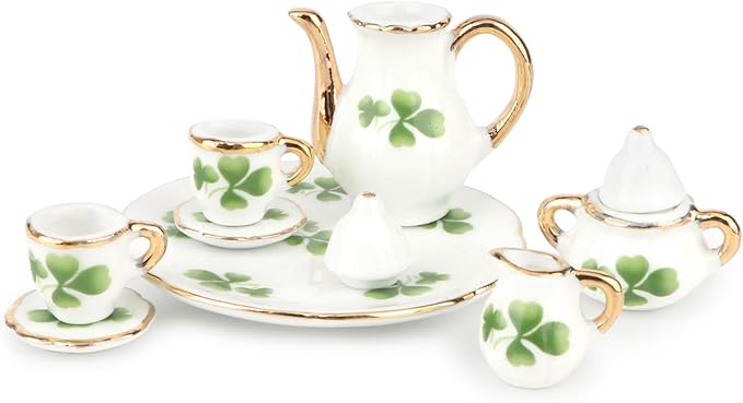 Dollhouse 1:6 Porcelain Tea Cup Sets 8 Pcs Set Miniature Ceramics Dollhouse Accessories Flower Pattern Teapot Platter Dish Sets Dollhouse Kitchen Supplies Decoration (Lucky Clover)