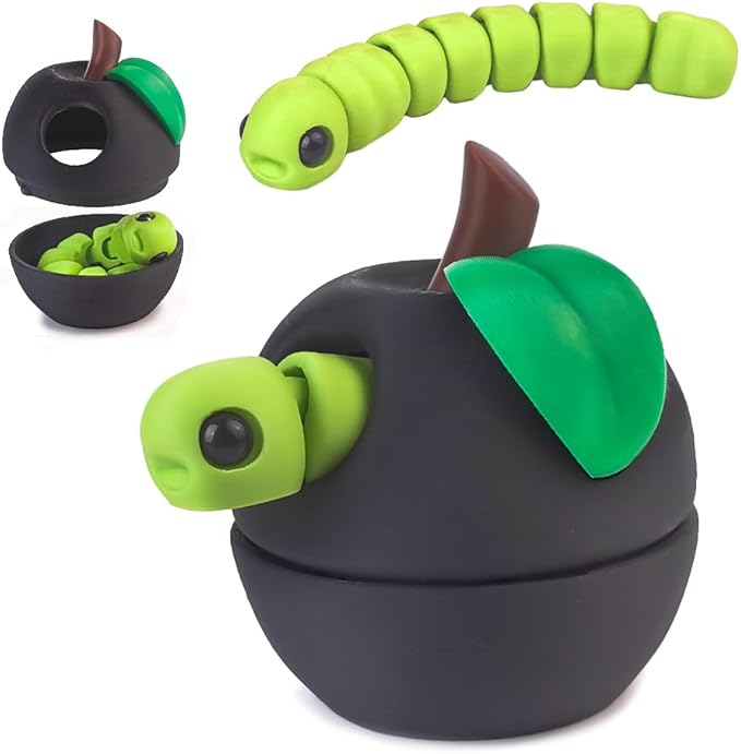 3D Printed Apple Container with Worm Flexi Inside,3D Printed Animals Toys,STEM Educational Toy for Nature Learning,Fun Sensory Fidget Toy for Kids, Unique Fun Decoration (Black)