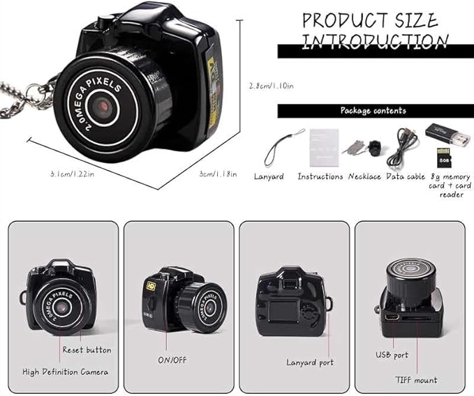 Luxxii Mini Blind Camera for Kids & Adults, Y2K Aesthetic Gadget Wearable Video Recorder with 8GB Memory Card, 3-in-1 Carry Options (Lanyard, Keychain, Chain), Unique Toy Gift - Black