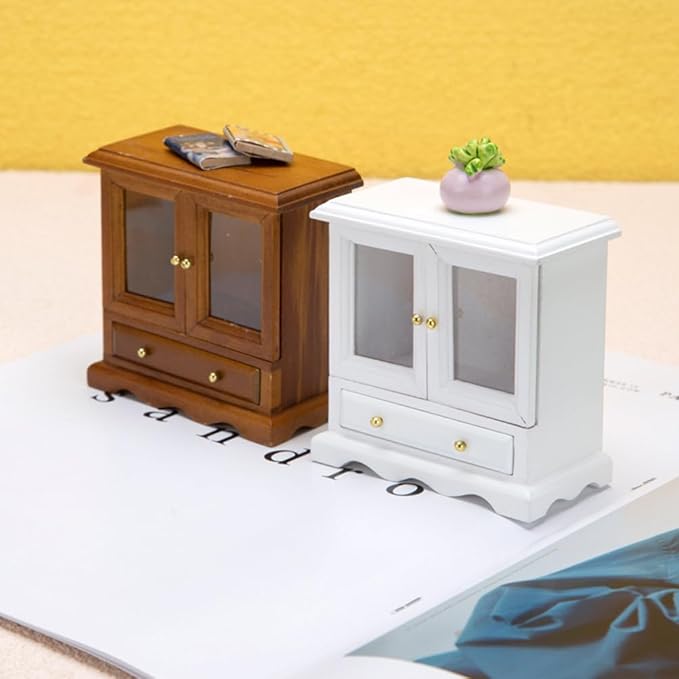 SAFIGLE Wooden Miniature Cupboard Bookshelf for Dollhouse - 1:12 Scale Rustic Furniture, Dollhouse Accessory and Organizer