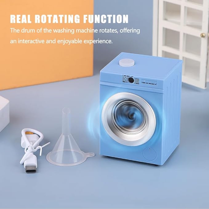Mini Washing Machine Model - Real Rotating Drum Design, 1:12 Dollhouse Miniature Washing Machine Furniture Appliance Model Dollhouse Decoration Accessories (Blue)