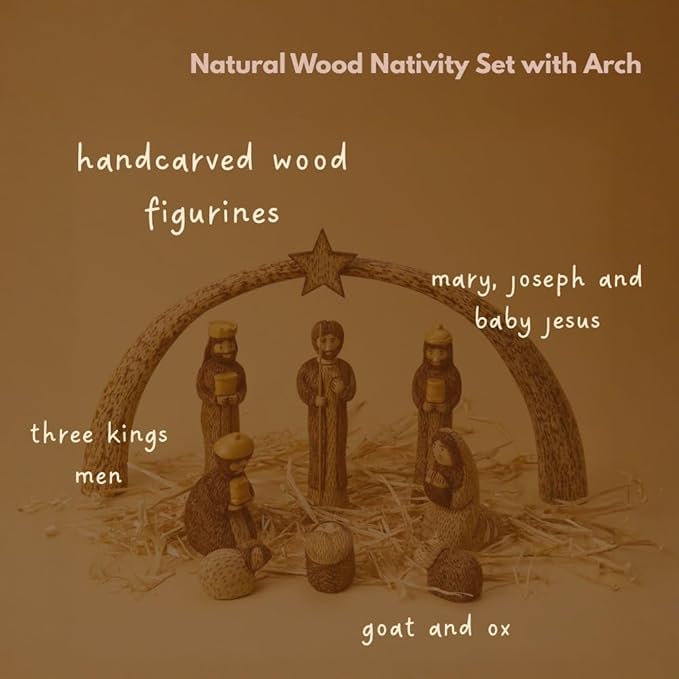 Brown Nativity Set, Christmas Decorations, Collectible Figurines, Baby Jesus Holy Family Manger Scene, Indoor Home Decor for Tabletop, Shelf, Desk, Mantel, Wooden Statues, Star Arch, Set of 8