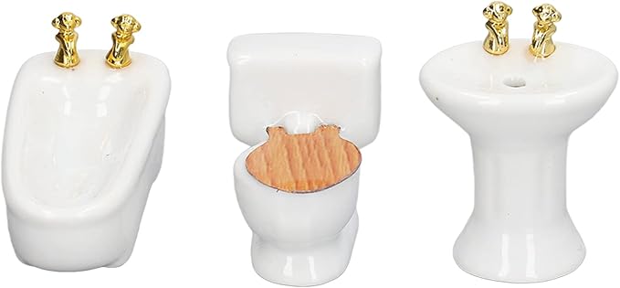 Dollhouse Miniature Bathroom Set Ceramic 3Pcs Simulation Bathtub Toilet Sink 1/24 Dollhouse Furniture (White)