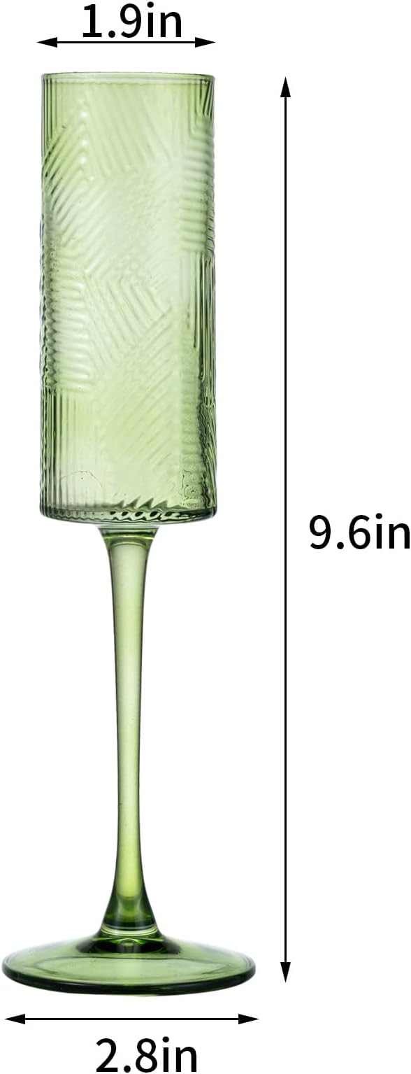 6 Pieces Green Champagne Flutes,6 OZ Twill Pattern Striped Vintage Stem Glasses Stemware Wine Glasses Champagne Long Stem Drinking Colored Glasses Goblets for Wedding Cocktail Cups,Cava, Prosecco