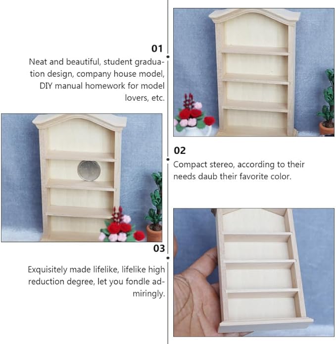 1 12 Scale Miniature Wooden Storage Rack with 4 Tier Shelves for Dollhouse Bookshelf DIY Craft Room Display Mini House Organization Model