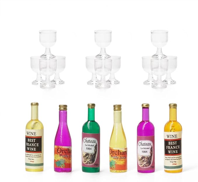 Odoria 1/12 Miniature Wine Bottles 6Pcs and Empty Wine Glasses 12Pcs Dollhouse Decoration Accessories