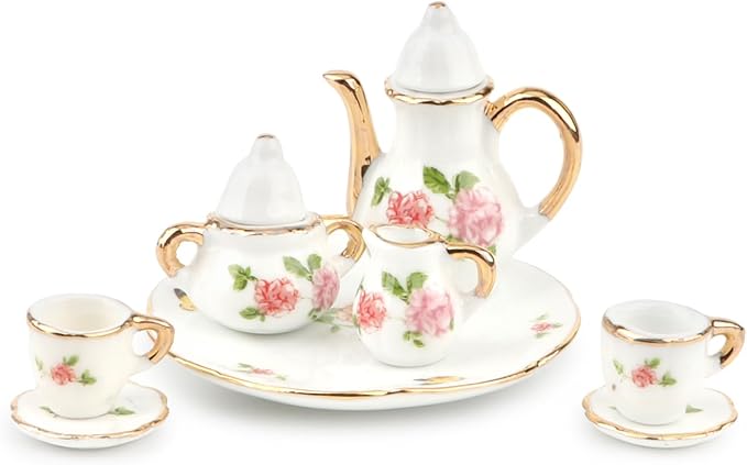 Dollhouse 1:6 Porcelain Tea Cup Sets 8 Pcs Set Miniature Ceramics Dollhouse Accessories Flower Pattern Teapot Platter Dish Sets Dollhouse Kitchen Supplies Decoration (Butterfly)