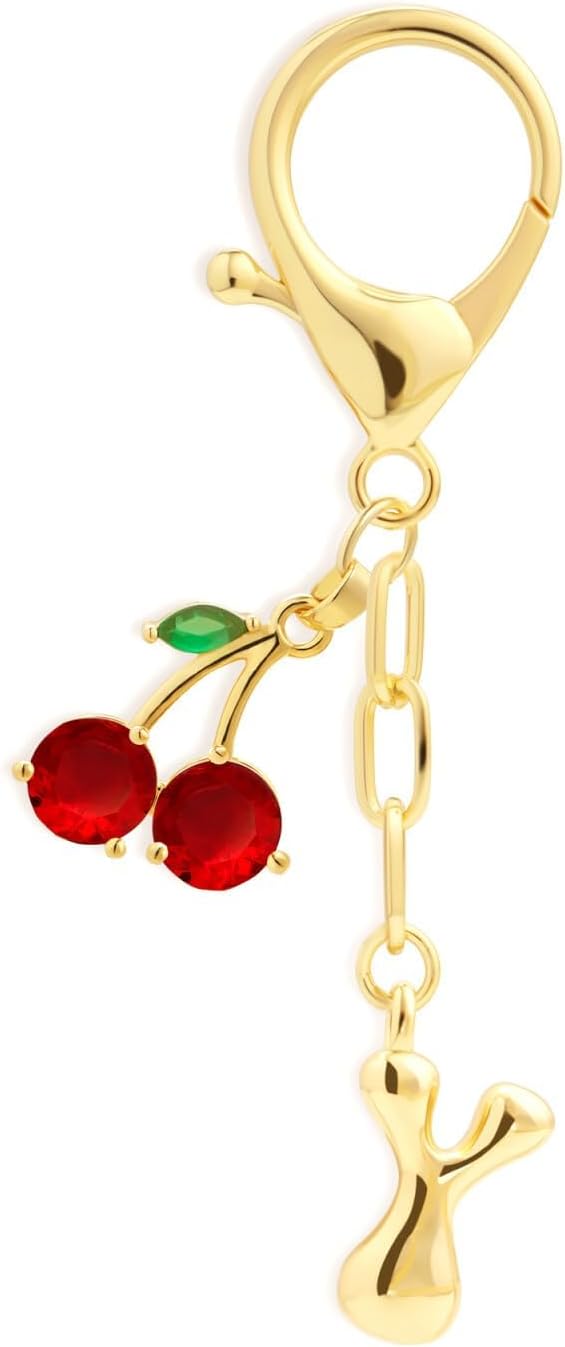 Fohufo Initial Keychains for Women - Cute Cherry Bag Charms Purse, 14K Gold Plated Keychain Accessories, Birthday Gifts