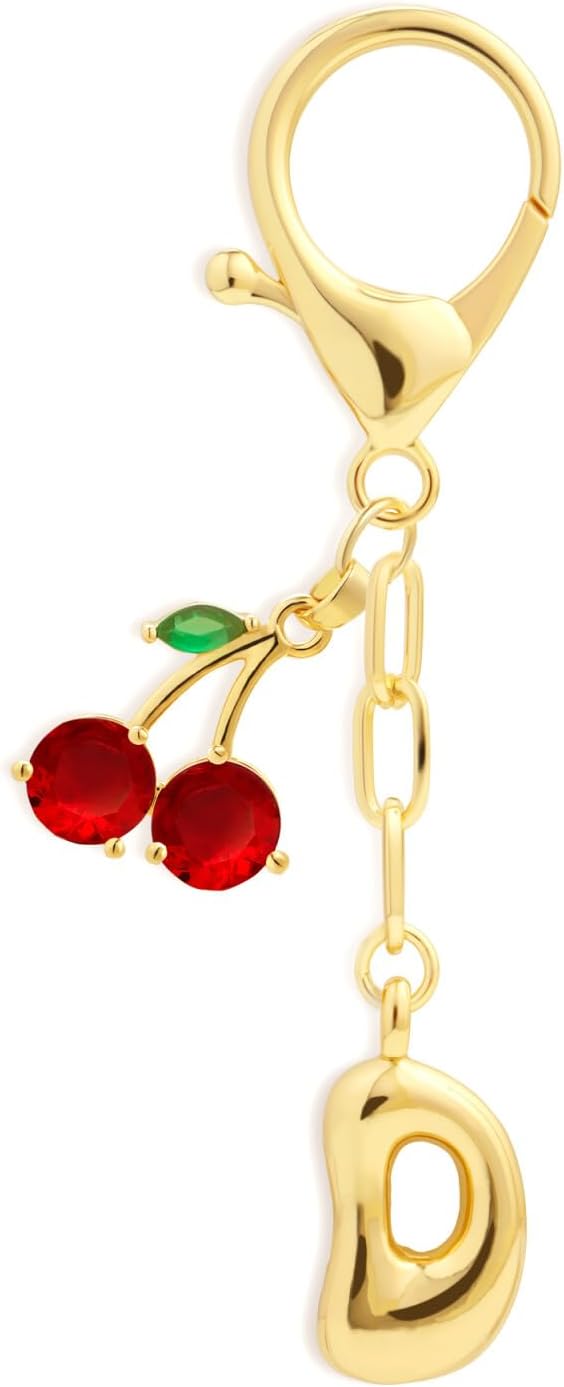 Fohufo Initial Keychains for Women - Cute Cherry Bag Charms Purse, 14K Gold Plated Keychain Accessories, Birthday Gifts