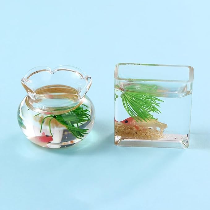 2Pcs Miniature Fish Bowl, 1: 12 Dollhouse Miniature Glass Goldfish Tank Desktop Dollhouse Ornaments for Garden Scene Decor Accessories