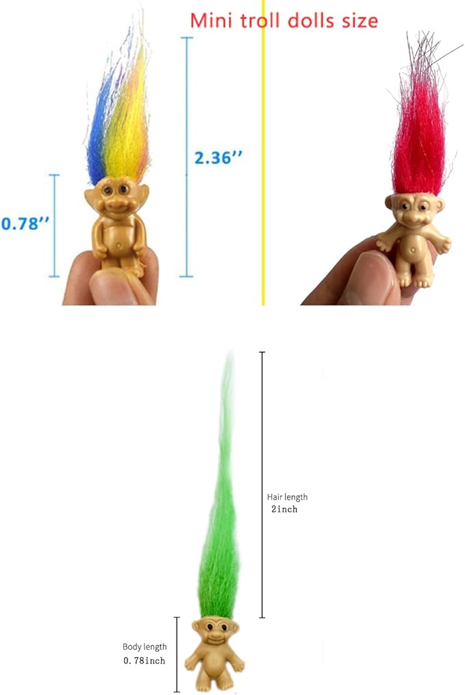 16pcs Mini Troll Dolls, PVC Vintage Troll Doll Mini Action Figures 1.2" Cake Toppers Chromatic Adorable Cute Little Guys Collection, School Project, Arts Crafts, Party Favors