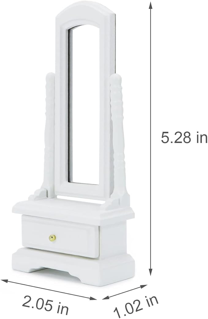 Miniature Furniture Fitting Mirror 1:12 Scale Dollhouse Bedroom Dressing Mirror with Drawer Model Accessory Mini Scene Ornament Desktop Decoration (White)