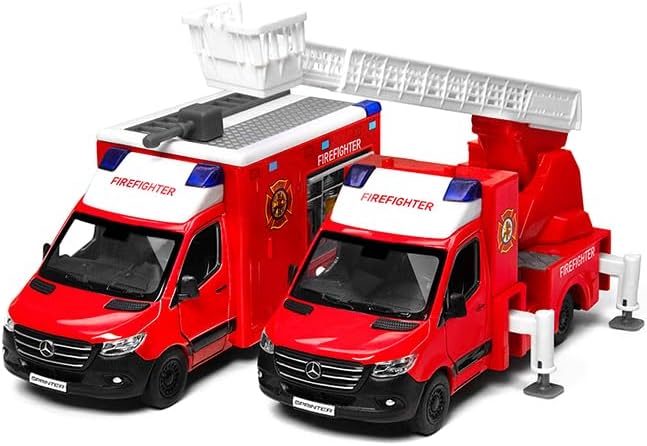KiNSMART - Mercedes-Benz Sprinter Cargo Van 1:48 O Scale 5" Die Cast Metal Model Toy Van, Pull-Back Action (Fire Engine + Ladder Truck Set)