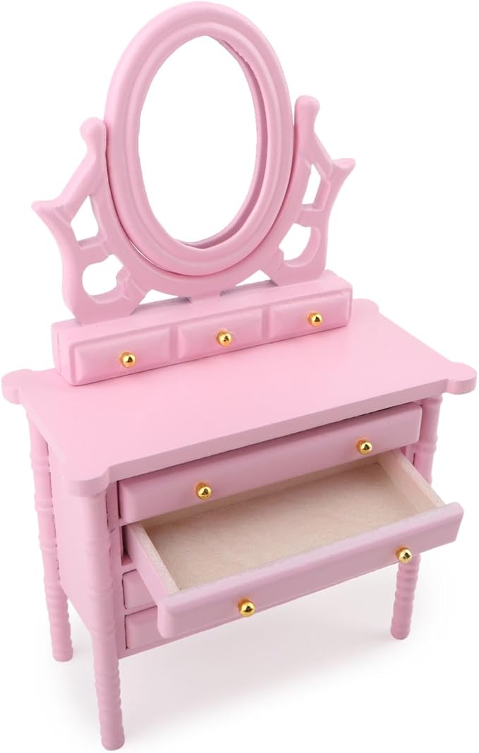 Miniature Dollhouse Vanity Table 1 12 Furniture Makeup Dressing Table with Mirror and 4 Drawers Mini House Accessories Bedroom Living Room Scene Decoration (Pink)