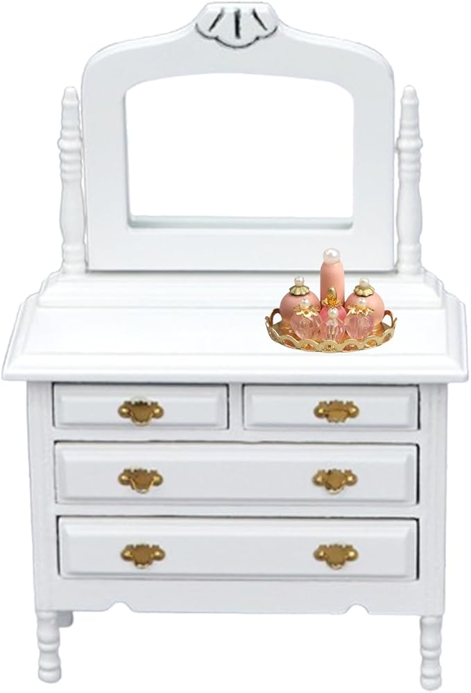 Gxsterd Dollhouse Makeup Vanity with Mirror & Perfume Tray 1/12 Miniature Dressing Table for Dollhouse Bedroom Furniture Decoration