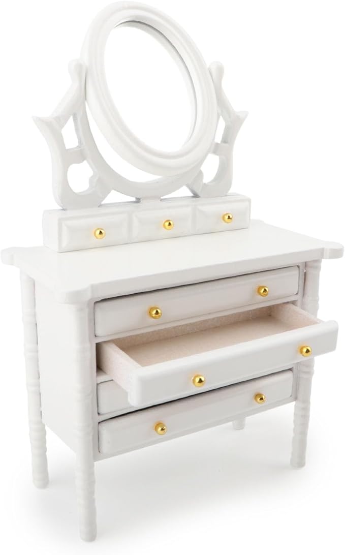 Miniature Dollhouse Vanity Table 1 12 Furniture Makeup Dressing Table with Mirror and 4 Drawers Mini House Accessories Bedroom Living Room Scene Decoration (White)