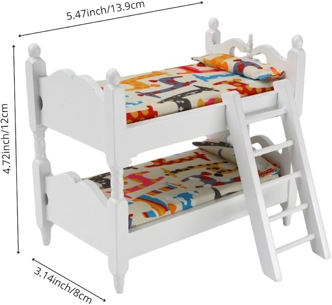 1/12 Scale Dollhouse Bunk Beds – Miniature Wooden Bed Set with Ladder, Realistic Mini Dollhouse Furniture Stuff Accessories, DIY Small Ornament Dolls Decor for Doll House, Tiny Wooden Bedroom
