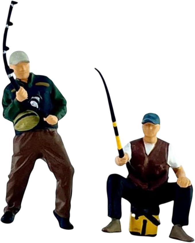 2X 1/64 Scale Male Angler Figures, Fisherman Figures, Artwork Crafts Scene Mini Resin Ornaments Collectible Decor People Models for Miniature Scenes