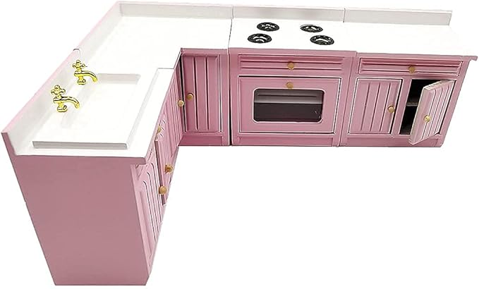 SXFSE Dollhouse Decoration Accessories,1:12 Dollhouse Miniature Furniture Wooden Kitchen Cabinet Set Freely Combined (Pink)