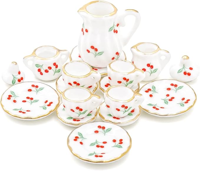 Odoria 1/12 Miniature Porcelain Tea Set 15Pcs Dollhouse Decoration Accessories, Cherry