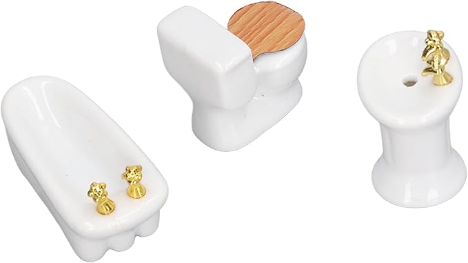 Dollhouse Miniature Bathroom Set Ceramic 3Pcs Simulation Bathtub Toilet Sink 1/24 Dollhouse Furniture (White)