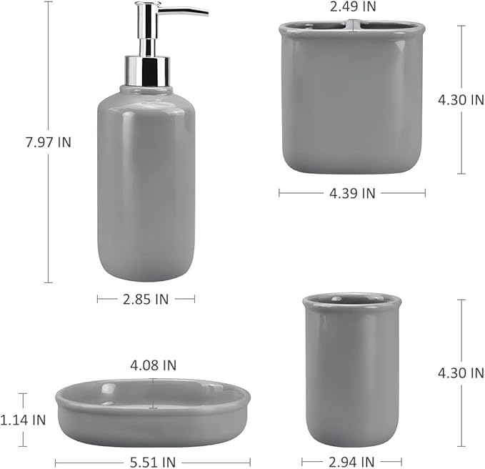 Gray Ceramic Bathroom Accessory Set, Bathroom Accessories Set Includes Soap Dispenser, Toothbrush Holder, Tumbler, Soap Dish, Complete Bathroom Ensemble Sets for Bath Decor, Ideas Home Gift