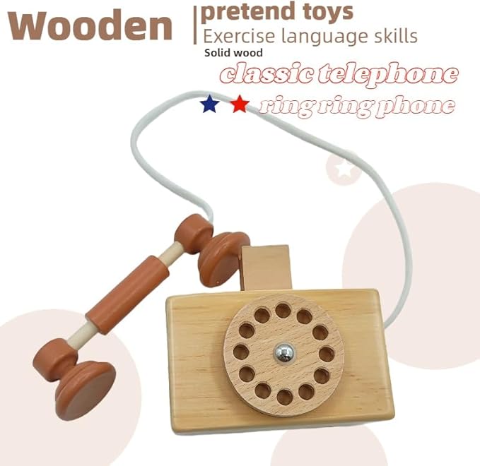 Ring Ring Telephone - Solid Wood Retro Chorded Dial Phone -1 pcs Toy Telephone-Pretend Play Toy Telephone -Role-Playing - Boost Communication Skills and Language Development - Age 3+ (1)