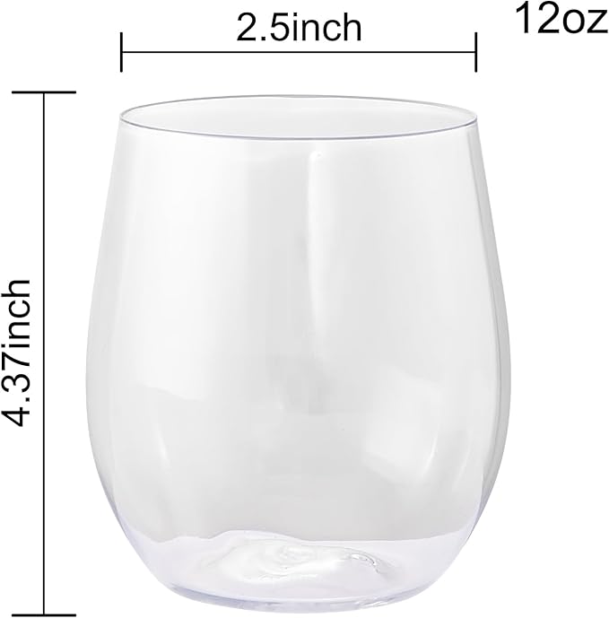 Ciaell 24 Pack Clear Plastic Wine Glasses - 12 Oz Plastic Stemless Glasses - Disposable Wine Cups for Parties & Weddings & Birthdays