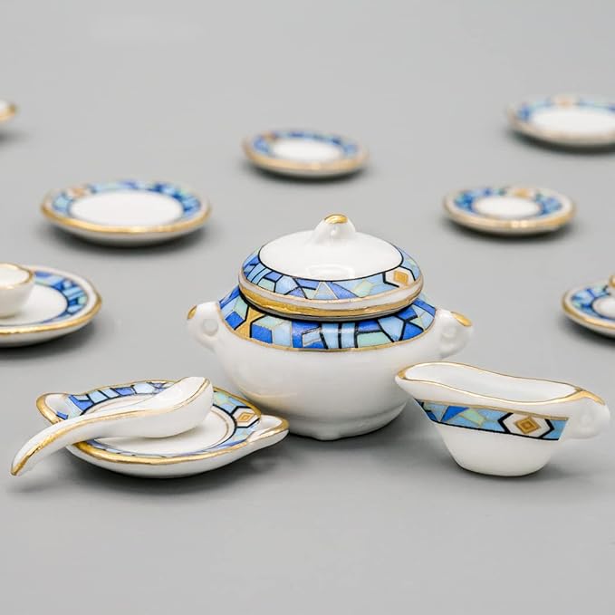Odoria 1/12 Miniature Dish Dinnerware Set 17Pcs Dollhouse Decoration Accessories, Mediterranean Blue