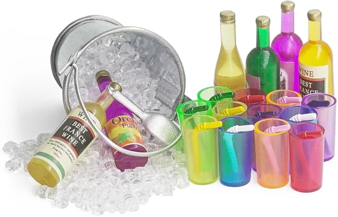 Odoria Dollhouse Drinking Beverages Miniature: 1/12 Scale Wine Liquor Ice Drinks Bottles for Fairy Elf Party Summer Beach - Mini Bar Alcohol Whiskey Cocktail Glasses Realistic Props Models